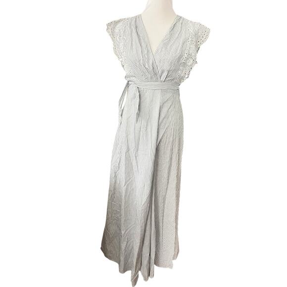 NWOT Neuflora Wrap Ruffle Maxi Dress •M• Striped Eyelet Flutter Sleeve - Picture 5 of 12